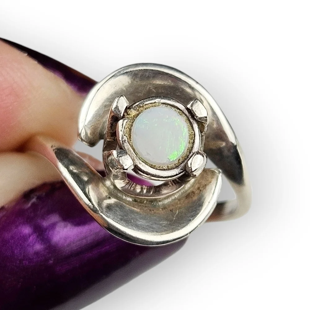 Sterling Opal Bypass Ring Wave Design 925 Silver Lab Created Vintage Size 6.5